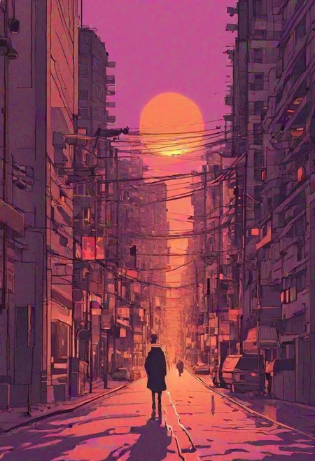 Lo-Fi background
Sketchy Lines
Limited Palette
Imperfections 
Expressive Shapes
Muted Tones
Analogous Harmony
Textured Application
Distressed Textures
Low-Tech Materials
Digital Lo-Fi
A lone figure strolled down the deserted street, their footsteps echoing softly against the pavement. The last rays of the sun dipped below the horizon, painting the sky in a mesmerizing blend of deep purple and fiery orange. The city lights began to flicker to life, casting a warm glow on the empty sidewalks and towering buildings. Every detail shimmered with a dreamlike quality, accentuated by the soft hum of distant traffic and the occasional flicker of a neon sign. This was Yofukei at its finest - a melancholic yet strangely beautiful scene where the quiet solitude of the night invited introspection and a yearning for connection amidst the urban sprawl. Every window, bathed in a warm yellow light, hinted at a story waiting to unfold, while the lone figure walking beneath the tapestry of twilight colors became a poignant reminder of the vastness of the city and the fleeting nature of moments.
Empty Street, convenience store  ,dim light street light, black anime solo, sky, cloud, indoors, pillow, no humans, window, bed, moon, curtains, building, scenery, sunset, city, sun, cityscape, bedroom, purple sky