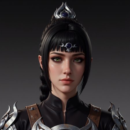 female character.  This is a highly detailed digital illustration of young woman with fantasy aesthetic. The image rendered in hyper-realistic style, meticulous attention to textures and lighting. subject has fair, smooth complexion hint freckles, large, expressive green eyes. Her black hair styled high ponytail thick braid, adorned silver crown-like headpiece that features intricate, ornate designs. crown focal point, adding regal otherworldly touch her appearance.
She wears dark, high-necked garment metallic, shoulder armor slightly worn, weathered look, suggesting character history adventure or battle. intricately sharp, angular edges rivets, giving it rugged yet elegant appearance. background gradient dark light gray, which keeps the focus on armor, enhancing three-dimensional effect. lighting soft directional, highlighting contours face creating sense depth realism. blend realism, capturing both delicate beauty warrior spirit subject.