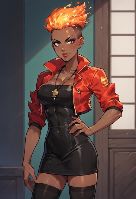 score_9, score_8_up, score_7_up, source_cartoon, BREAK 1girl, solo, amirarashid, orange hair, fiery hair, undercut, dark skin, dark-skinned female, makeup, big breasts, red jacket, sleeves rolled up, black dress, thighhighs, necklace, green eyes,