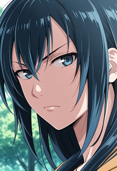 masterpiece, very aesthetic,8k,masterpiece, best quality, aoikuni, solo, 1boy, female focus, serious, long hair, black hair, blue hair, close-up, looking at viewer, blue eyes, frown, closed mouth
, impressionism 1.5, high detail, depth of field, blurred background, dramatic lighting, outdoors,  ,SmoothNegative_Hands