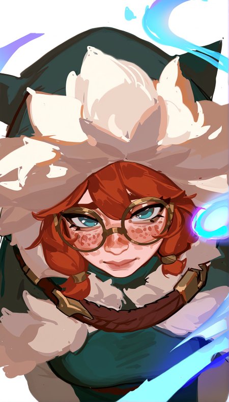 masterpiece, suqling, scenery,  1girl, aurora \(league of legends\), league of legends, freckles, blush,embarrassed,blue eyes, glasses,black-framed eyewear,round eyewear, looking at viewer, half closed eyes,lips, (pout, puckered lips, closed mouth, :o:0.8),breasts, short hair, bangs, from above, prespective,  brown hair, dress, jewelry,  hood, fur trim, glowing, ring,   cloak, hood up, green dress, fur-trimmed hood