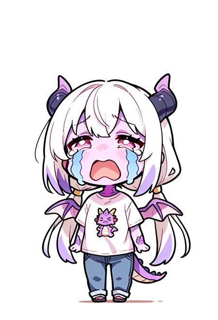 masterpiece, best quality, cute, simple illustration, (dragon: 1.2), (cute:1.2), solo, Female dragon,  dragon horns, dragon wings, dragon tail, pink eyes, Purple scales, purple skin, colored skin, white hair, multicolored hair ends, long hair, pigtails, chibi, jeans, t-shirt, full body, uohhhhhhhhh! \(meme\), streaming tears, tongue, crying, meme, =_=, open mouth, tears,