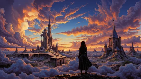 City in the clouds beautiful  landscape, sunset, woman, very intricate, very detailed, sharp, bright, colorful, <lora:Hand v2:0.5> <lora:Anti-Blur:1><lora:Insane Detail Slider:0.25>  <lora:flux.1_lora_flyway_Epic-detail_v2:0.3> <lora:fluxenhancer:0.25> <lora:fluxenhancer:0.25> <lora:Adventure_Comic_Book:0.8>