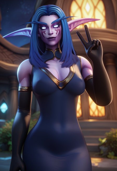 score_9,score_8_up,score_7_up, 1girl, solo upper body, long tight dress, night elf, purple skin, V across eyes, black elbow gloves, long hair, blue hair,
<lora:Zentaeron_-_3D_Artist_style:1> ss-zent,