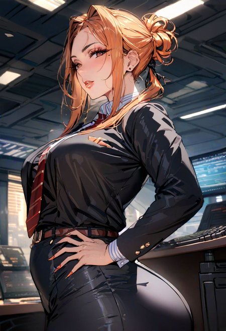 (masterpiece)), ((best quality)), (ultra-detailed), HDR, shapes, beautiful face, looking at viewer, solo, close-up, seductive smile, 1girl, ,(mature female, older,), milf, motherly, wide hips, curvy, lips, upper body, solo, office lady, armpits, sway hips, loba_(apex_legends), orange hair, brown eyes, single hair bun, folded ponytail, sidelocks, mole under eye, blazer, office uniform,
