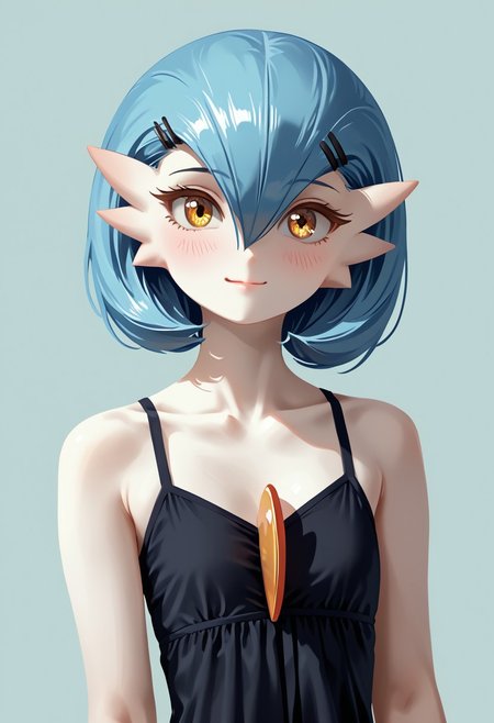 (((Gardevoir))), Female, anthro, ((pale white skin)), Stable_Yogis_PDXL_Positives, zPDXL3, Expressiveh, score_9, score_8_up, score_7_up, masterpiece, source anime, Anime Style, Raw Photo, midjourneyv6.1,
dutch angle, dynamic light, 
1girl, solo, adult and mature looking, 40 years old, ((short hair)), flatchest, looking at viewer, blush, smile, (golden eyes), flat chest, blue hair, (casual black dress), detailed dress, hair between eyes, closed mouth,  covered shoulders, flat chest, collarbone, upper body,  hair clips, casual dress,  eyelashes, ((plain background)), (((croma key background))), (lineless:1.5), FastNegativeV2