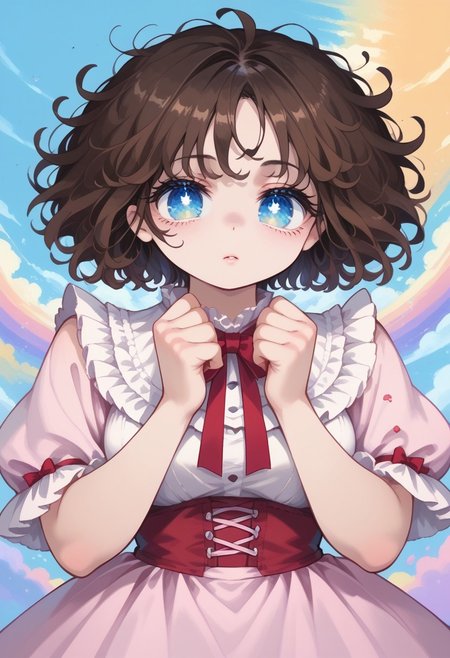 score_9, score_8_up, score_7_up,
masterpiece, best quality, detailed, amazing quality,
detailed background, colorful,
detailed eyes, clean eyes, 
dynamic pose,
solo, 1woman, woman,
easynegative,
pastel colours, cute, bow, ribbon, lolita_fashion,
slutty_m3l0dy, pale skin, short hair, blue eyes, dark brown hair, messy hair, curvy