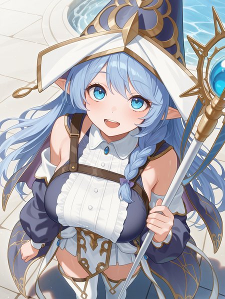 1girl, solo, staff, holding staff, smile, open mouth, looking up, from above, large breasts, witch dress, blue detached sleeves, white thighhighs, blue witch hat, water enchantress of the temple
masterpiece,best quality,amazing quality,very aesthetic,absurdres,newest,<lora:Water Enchantress of the temple illuXL v1.1:0.7>,
