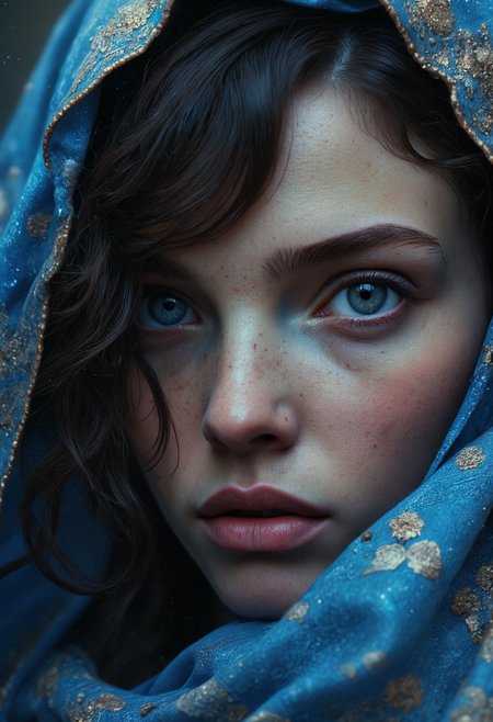 cinematic still hyperrealistic art A mesmerizing portrait capturing the essence of timeless beauty ----  Blue was her raiment as the unclouded heaven, but her eyes were as the starlit evening; her mantle was sewn with golden flowers, but her hair was as dark as the shadows of twilight. As the light upon the leaves of trees, as the voice of clear waters, as the stars above the mists of the world, such was her glory and her loveliness; and in her face was a shining light,
ethereal elf , fantasy
f<lora:Dever_Flux_Enhancer:0.85> <lora:Anime v1.3:1.3>  <lora:Movie_Portrait:0.6> . emotional, harmonious, vignette, highly detailed, high budget, bokeh, cinemascope, moody, epic, gorgeous, film grain, grainy