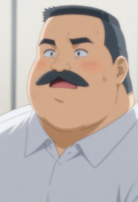 (masterpiece, best quality, amazing quality, detailed background,) hige_habahiro, 1boy, mature male, male focus, black short hair, crew cut, fat face, thick eyebrows, mustache, no mouth, fat, chubby, obese, big pec, big belly, white short sleeves, 1boy, male focus, mustache, solo, facial hair, blush, fat, sweat, thick eyebrows, upper body, open mouth
