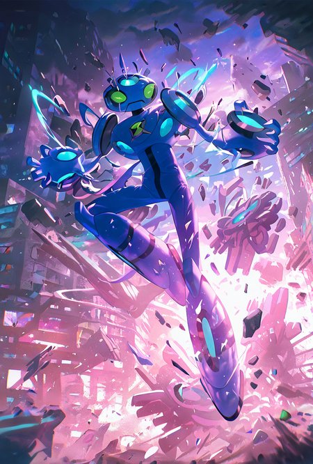<lora:ulteco-10:1> ulteco, pokemon (creature),blue robot, green eyes, closed mouth, dynamic pose,  <lora:WSSKX_WAI:1> shockwaves, floating, destroyed city,, masterpiece, best quality, amazing quality, very aesthetic, absurdres, newest,