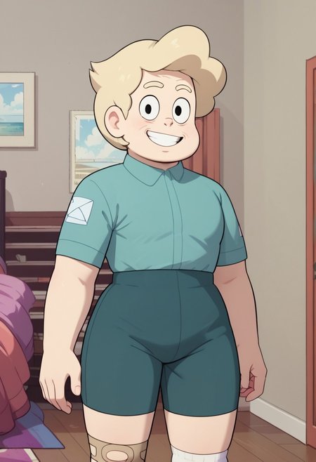 ((bedroom background)),score_9, score_8_up, score_7_up,score_6_up, 
1girl, Solo, BarbMiller_SU, light skin, big eyes, black eyes, pale blonde hair, short hair, , pale mint blue short-sleeved shirt, grayish teal shorts, brown shoes, white socks, little wrinkles in face, tall stature, bandage on her leg, social smile, big eyes, sexy face, close-up, face photo, perfect eyes, perfect smile, looking at the viewer, big breasts