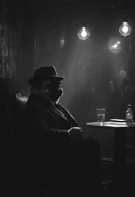 (anthropomorphic pug: 1.39) noir detective in Los Angeles,, Volumetric lighting, concept art, sharp focus, digital art <lora:xl_more_art-full_v1:0.8> <lora:Into_Darkness:0.8>, fedora, smokey, trench coat, revolver held at ready, sitting in jazz-club, pattern wallpaper