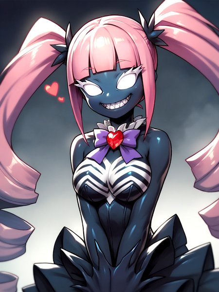 Score_9, score_8_up, score_7_up, score_6_up, score_5_up, BREAK, source_anime, magical girl, no humans, cute,  black dress, purple ribbon, BREAK, colored black skin, monster girl, monsterification, personification, large pink hair, very long drill hair,  blunt bangs, twintails, half-closed eyes,  white eyes, white eyelashes, big sharp teeth, medium breasts, noseless, venom \(marvel\), symbiote,  corset, white print, frilled sleeves,  neck ribbon,  red heart jewel, BREAK,  <lora:Monsterification_V4:1>