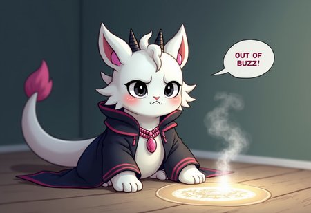 a white furry dragon, solo,
anthro, furry dragon, young, male, furry, Sad and embarrassed facial expressions, 
slit pupils, black eyes, 
(black fur, fur on the cheek),
(dragon snoot, white fur, detailed fur, white furry skin, fur on chest), tail, smile, slim body,
huge pink amulet necklaces, 
(Black Robe, mage outfit), 
2 horns, black horn, ridged horn,
sitting on the floor with a magic circle drawn, a speech bubble with "OUT OF BUZZ!", a faint wisp of smoke emanates from the magic circle,