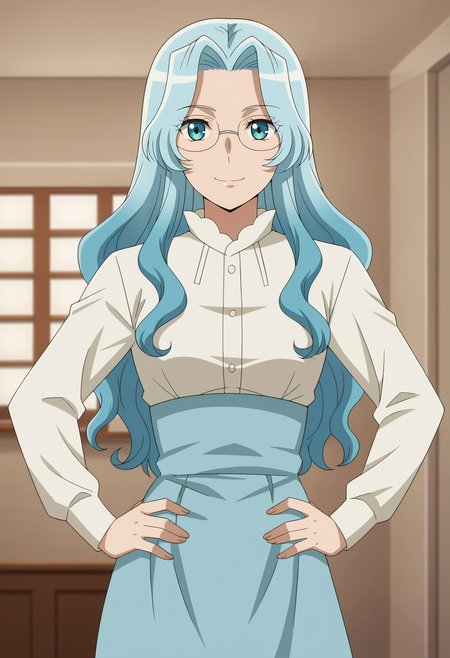 <lora:Eva_Aensland-Tsuki_ga_Michibiku_Isekai_Douchuu:0.85>,Eva,1girl,solo,blue hair,long hair,glasses,blue eyes,
dress,cowboy shot, hands on own hips, looking at viewer, smile,indoors