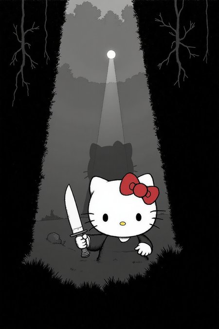 whrob1 illustration Hello Kitty in the middle of the forest holding a knife, the atmosphere and the character looks scary, Hello Kitty is hidden by the shadows.,aidmafluxpro1.1
