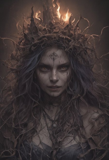 Create a hyper-realistic photographic fantasy portrait of a scary witch, She has porcelain skin and tattoos with a luminescent glow, gently open eyes, and a snarling expression. Her long, messy red and blue hair interwoven with organic tendrils cascades like vines, crowned by a floral headdress of wilted briars, dried leaves, wearing a dark purple robe, the nighttime lights from a fire enhancing the scary, shadowy depths and earthy tones. The composition should feel intimate, mysterious,