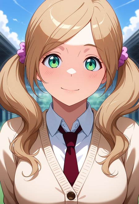 masterpiece, best quality, amazing quality, 1girl, solo, portrait, ninaww, green eyes, brown hair, long hair, twintails, hair ornament, pink hair scrunchie, medium breasts, wins uniform, cardigan, red necktie, white collared shirt, looking at viewer, smile, outdoors, skindentation, detailed clothing folds, depth of field, sharp, high contrast, dynamic light <lora:Aldnoah_Zero_Nina_Klein_ill:1>