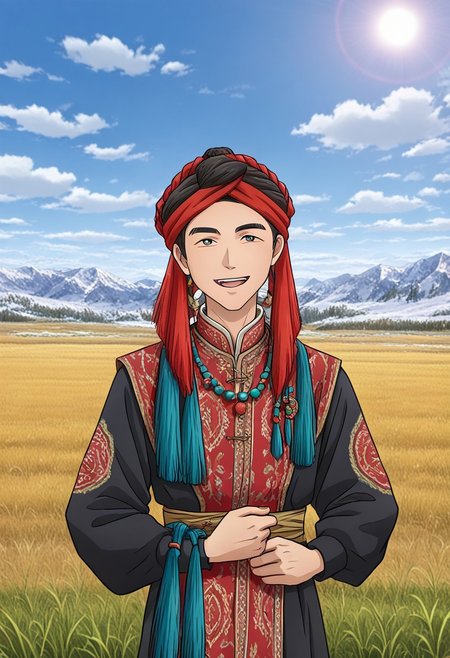 Khampa Tibetan Red Headknots
wearing Red Headknots,solo,1 handsome young man,,1 tibetan boy,happy,looking at the viewer
 anime screencap,tibetan dress, looking at viewer,grassland,sun,meadow,cloudy sky,blue sky,winter,snow