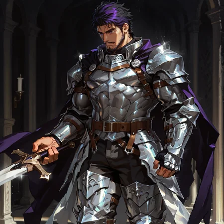 <lora:Andechs__Alchemist_Code:.75> tagatameandechs, andechs_black hair, andechs_purple hair, 1boy, short hair, cape, solo, male focus, manly, mature male, bara, muscular male,, belt, armor, waistcape, pants, thigh boots,
short hair, male focus, muscular male, muscular male, bara, mature, (hairy body, hairy, body hair, glossy skin, bara, mature, facial hair, beard, full beard, sideburn, mustache, stubble), facial hair, bara, mature, body hair, aixiwuganda_(20222192), very awa, masterpiece, best quality, absurdres, newest, perfect quality, detailed background, intricate details,, <lora:slider_Body Type_alpha1.0_rank4_noxattn_last:3><lora:Anime Summer Days 2 Style SDXL_LoRA_Pony Diffusion V6 XL:.6><lora:merged:.7>, DARK, DARK BACKGROUND, LOW-KEY LIGHTING <lora:slider_cfg_scale_boost:.7><lora:Artist6p:.55>, Artist6p, Artist04p,<lora:slider_il_contrast_slider_d1:-.25>,<lora:slider_contract_controller_illus01_v1:.3>, <lora:addon_illustriousXLv01_stabilizer_v1.121:.5>,<lora:Heavenly_Beauty_r1:1>, (heavenlybeauty,)<lora:slider_style_strength_controller_illus01_v1:.25>