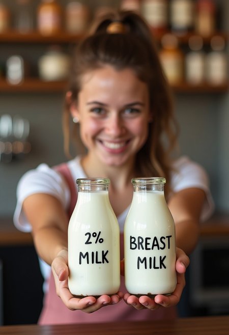 Cute female bartender holding the bottoms of two jars of milk.  The milk jars are labeled "2% MILK" and "BREAST MILK".