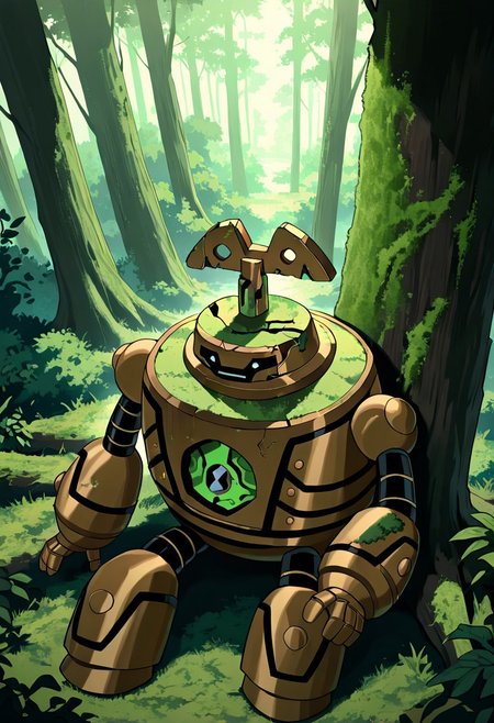 masterpiece, best quality, amazing quality, very aesthetic, absurdres, newest, 
 clockwork, robot, solo, no humans, 
sitting under tree, black face, black mouth, black eyes, rusty robot, from above, moss, rust on robot, in forest, overgrown robot, overgrown forest, leaning on tree, broken robot, damaged robot,