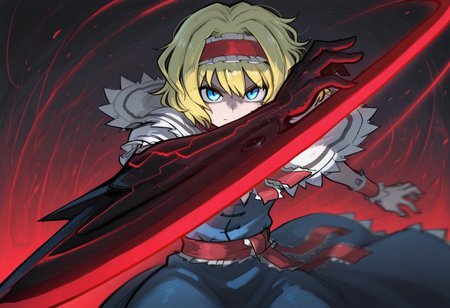 best quality, high quality, hires, 
1girl, solo, alice margatroid,
bois de justice, weapon, arm blade,
looking at viewer, dynamic pose,