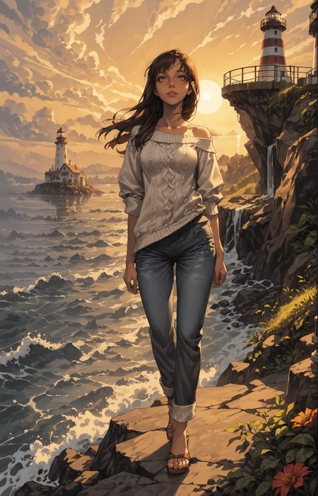 score_9_up, score_8_up, score_7_up, best quality, ultra highres, Casual, shiny skin, detailed, detailed background, 
1girl, lighthouse cliffs environment, early dawn environment, serene theme, standing on a rocky outcrop near the lighthouse, soft pink and orange lighting from the rising sun
BREAK
waves crashing against the base of the cliffs, a small flock of seagulls circling above, patches of grass growing between the rocks, the lighthouse beacon faintly glowing
BREAK
1girl, long hair, loose and slightly tousled, chestnut brown hair, casual coastal style, oversized knitted cream sweater, rolled-up denim jeans, calm expression,
 <lora:incase---1:0.3>   <lora:Hyung_Tae_Kim_Style_BladeSoul_for_Pony:1> htk_style, anime illustration