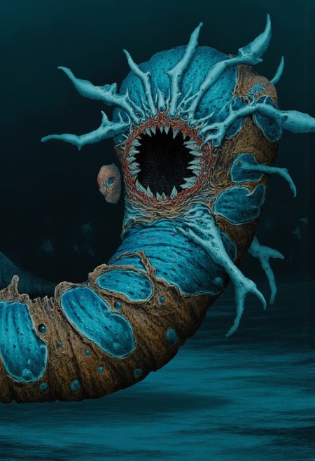 b3rs3rk first person d4concept pov, 3D01S, simple background d4artstyle atmospheric and powerful MikeFranchinastyle dark fantasy, natural organic and first person pov of a berserk style creature
A Tsutomu Nihei style 
Colossal deep-sea eel creature with biomechanical aesthetic, translucent ghostly-blue flesh revealing internal structures. Enormous circular maw filled with concentric rings of crystalline teeth, multiple rows deep. Massive lidless eyes with bioluminescent glow, surrounded by broad fin-like sensory organs resembling gothic architecture. Serpentine body with segmented bone-like plating and ethereal membrane fins undulating along length. Vestigial arms ending in sharp bio-mechanical pincers, legs with six webbed claws emerging from scaled hide. Skin texture transitions between translucent blue membrane and armored plates with muddy brown base and intricate patterns of black and tan speckles. Underwater lighting creating ethereal glow effects and deep shadows, light filtering through membranous parts of body. Air bubbles and particles floating around creature suggest massive scale. Background features deep ocean darkness with subtle bioluminescent elements.
UHD letterboxed game trailer frame chromatic aberration dark atmosphere sharp masterpiece with a focus on the character, elden ring style, dark atmosphere, chromatic aberration