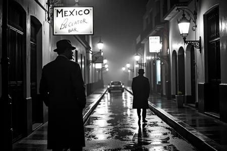 <lora:Mexican Noir Style-flux:1> mxnoirsty, black and white, dark,  Rainy Night in Mexico City (Urban Noir, Shot with a Contax II, Wet Pavement Reflecting Neon Lights)
A detective in a well-worn trench coat stands under a flickering streetlamp in the heart of Mexico City. His cigarette glows in the darkness as he watches a shadowy figure disappear down a narrow alley. The rain has turned the cobblestone streets into a mirror of neon reflectionsâfaintly illuminating old bar signs, the silhouettes of passing boleros, and the distant headlights of a sleek black car. Shot with high-grain 35mm film, the wet pavement gleams under the dim glow, evoking the mystery and intrigue of Mexican Noir at its finest.