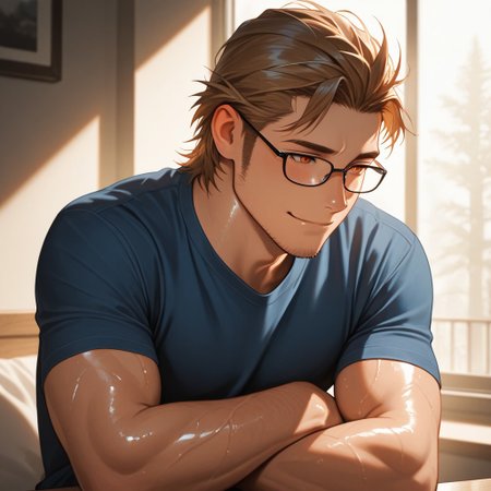 masterpiece, best quality, amazing quality, absurdres, newest, detailed background, definition so sharp, Ultra-HD, 8K cinematic, very awa, impressionate, amazing quality, highres, 
solo, male focus, manly, shadow, shiny skin,
ekusoushizumu, ekusou_brunette, ekusou_orange eyes, 1boy, short hair, sideburns, stubble, warm_glow, cozy_atmosphere, quiet, spectacles, dust_motes, peaceful_expression, natural_light, crossing arms, smile, blue shirt,