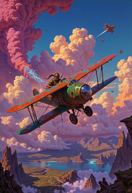 A psychedelic dreamcore scene where an orc pilot performs daring aerial maneuvers in a vividly painted biplane. The sky is a vibrant tapestry of shifting colors, and the orc's goggles glint with the reflection of the dreamlike landscape below. Smoke trails behind the plane, forming intricate, glowing patterns, 
in the style of decaying animatronic, claymation, VHS screen grab, grainy, old footage, in the style of an old 80's VHS dark fantasy, VHS screen grab, grainy, old footage