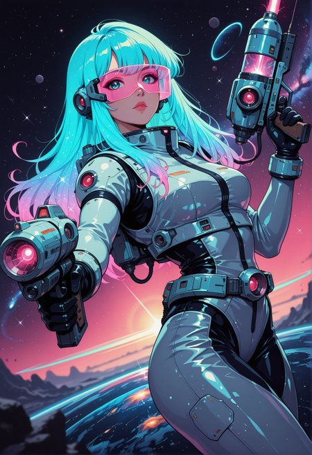 <lora:ck-nc-cyberpunk-IL-000011:0.5>, 
masterpiece, best quality, good quality, very aesthetic, absurdres, newest, 8K, depth of field, focused subject,
dynamic angle, dutch angle, wabi sabi, woman, sexy space suit, holographic visor, holofoil glitter, faint, glowing, ethereal, neon hair, glowing hair, long hair, holding and aiming a futuristic blaster gun, looking at viewer, space nebulae, galaxy, lens flare, sci-fi, retro
in the style of cknc 
<lora:MoriiMee_Gothic_Niji_Style_Illustrious_r1:0.45>
<lora:ck-shadow-circuit-IL:0.34>
 <lora:ck-70s-scifi-IL:0.5>