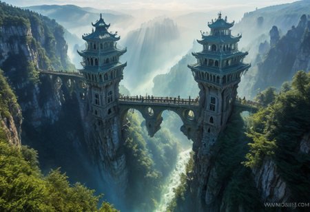 towers ringed in mist, sunrays, mixed media, surrealism, fantasy, great lighting, A surreal landscape highly detailed, extremely high-resolution details, appears trapped in an optical illusion of reflections and refractions colorful, Zhangjiajie mountains,  Vienna in contemporary Austria, baroque architecture, stone bridges, winding rivers extending to the horizon, professional photography, natural lighting, volumetric lighting maximalist. vivid, vibrant colors, intricately detailed, complex, elegant, expansive, fantastical, film photography style, medium grain, cmnt
 (8k uhd:1,4)