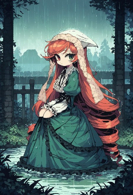 score_9, score_8_up, score_7_up, score_6_up, score_5_up, score_4_up,<lora:d3p1x3lXLP:1> d3p1x3l, pixel art, 1girl,alone,kneeling, (hill:1.2),top of a hill,girl on top of a hill, rain, wet, wet surface, <lora:Rain (pony) v1:1>,<lora:Pony_DetailV2.0:1>, suiseiseki, green dress, corset,