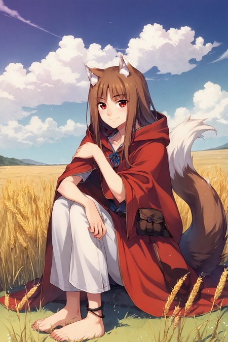 score_9,score_8_up,score_7_up,
1girl,holo,anklet,solo,animal ears,tail,wolf ears,long hair,wolf girl,wolf tail,wheat,red eyes,sitting,sky,brown hair,smile,pants,day,outdoors,jewelry,hood,holding,cloak,cloud,pouch,
<lora:Koume Keito_XL_PONY:0.9>,