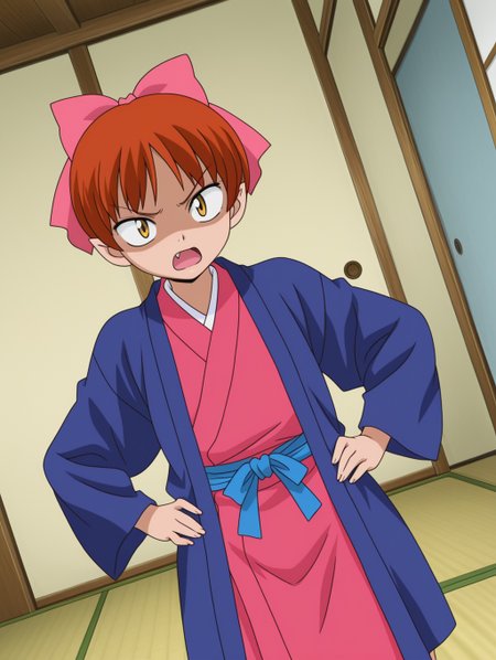 masterpiece, best quality, amazing quality, detailed background, perfect eyes, anime coloring, anime screenshot, 2000s \(style\), 1girl, solo, nekomusume (gegege no kitaro 5), red hair, short hair, choppy bangs, pink hair bow, yellow eyes, small breasts, ryokan, japanese clothes, blue hanten (clothes), pink kimono, blue sash, shaded face, annoyed, open mouth, fang, hands on hips, dutch angle, cowboy shot, (indoors, bedroom, tatami floor),