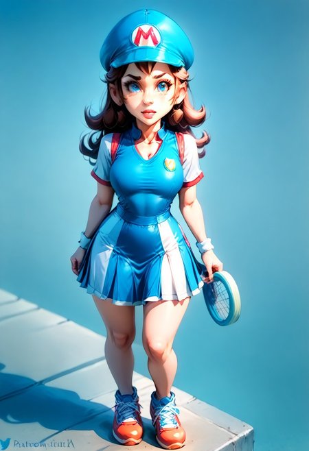 <lora:MtF_Genderswap:1>, genderswap \(mtf\), Mario, facing forward, adult woman, extremely large nose, extremely bulbous nose, very wide face, circular head shape, wide chin, wide jawline, brown hair, lightly curly hair, blue eyes, average bust, wide hips, red and blue clothes, tennis uniform, two-tone skirt, fully clothed, zPDXL, score_9, score_8_up, score_7_up, score_6_up, score_5_up, score_4_up,
full body render, full body, photorealistic image, realistic image, high quality, detailed face, realistic human proportions, detailed clothes, even lighting, no aura, no glow,