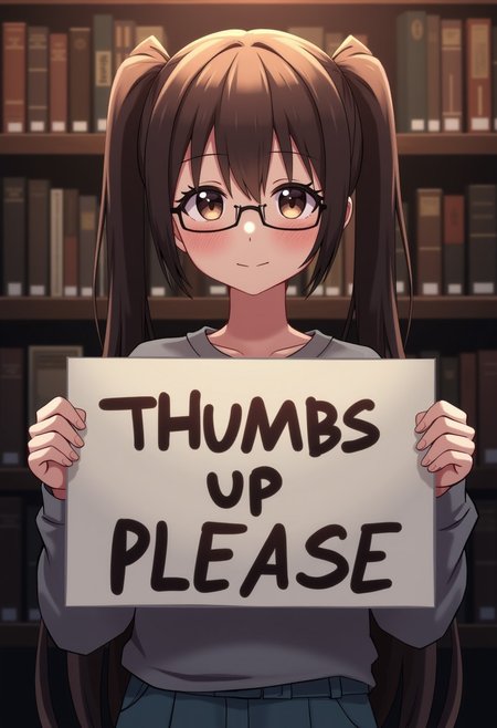 1girl, anime girl holding a sign with text "Thumbs Up Please", solo, long hair, expressive eyes, dark eyeshadow, detailed skin,
detailed face, perfect face, closed eyes, twintails, smile, brown hair, glasses, casual clothes, library,
illustration, perfect composition, dramatic lighting, film grain, highly dramatic background, cinematic film still,
very aesthetic, (intricate details, (incredibly detailed), high detail, ultra-detailed), (hyperdetailed), (soft focus:1.1),
absurdres, (hires textures), (4k), (masterpiece, best quality)