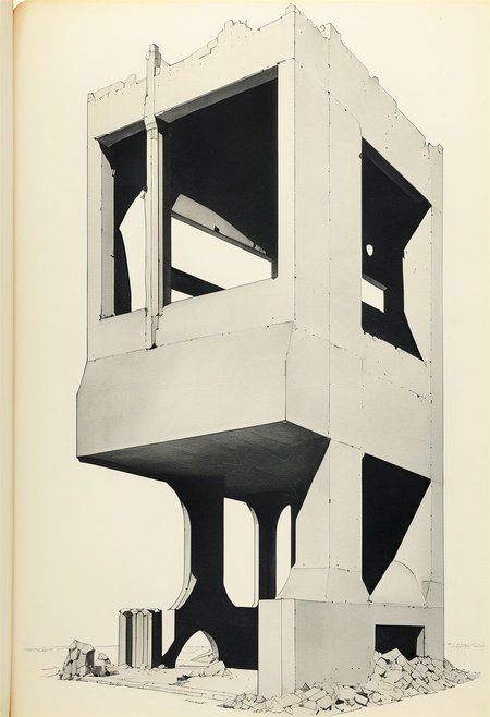 machine drawing, night stand (BRUTALISM, SHEET steel, dynamic spacing, imbalanced support STRUCTURE, angular GEOMETRY, gothic, art deco, RUINS, blast hole, SPLIT MIDDLE)