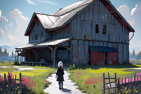 (otherworldly), highly insanely detailed, masterpiece, top quality, best quality, highres, 4k, 8k, RAW photo, (very aesthetic, beautiful and aesthetic), farm, fields, barn, fence, fantfa, <lora:FantasyFarm-10:0.6>, 
1girl, 
(silver grey hair ,streaked hair), 
(a colorful background,neon color,solid color,solid color background,multicolored background,gradient background),âââ