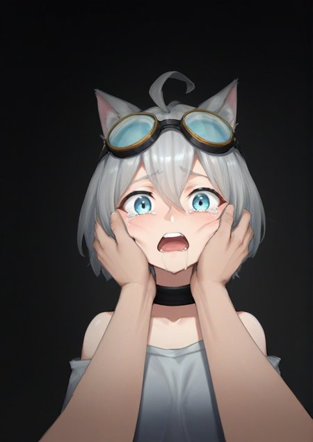 1girl, niwamaru (niwarhythm), black choker, cheek pinching, cheek squash, choker, eye focus, goggles, goggles on head, hair between eyes, hair intakes, hands on another's cheeks, hands on another's face, medium hair, open mouth, parted lips, pinching, pov, pov hands, short hair, solo focus, tearing up, tears,zPDXL3    <lora:ghosty_å°ç½:1>