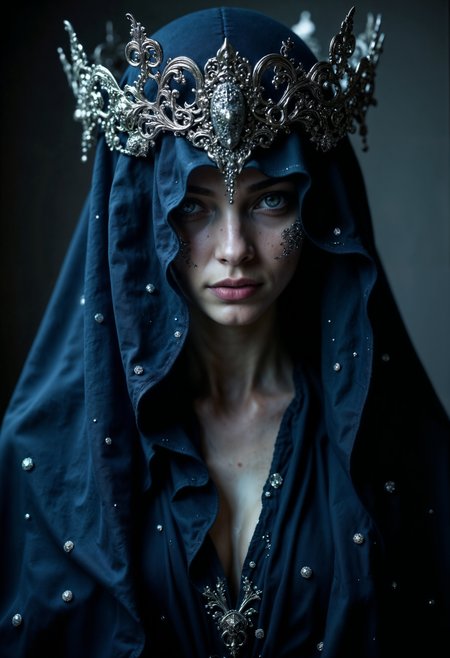 A mysterious portrait of a woman, her face partially veiled by the shadows cast by her intricate headdress. Her expression is enigmatic, her eyes reflecting a hidden depth. She wears a flowing, midnight-blue gown, decorated with delicate silver accents. The headdress, a crown of intricate silver and gold filigree, further enhances the sense of mystery. The overall image exudes a timeless quality, hinting at a history filled with unspoken secrets.