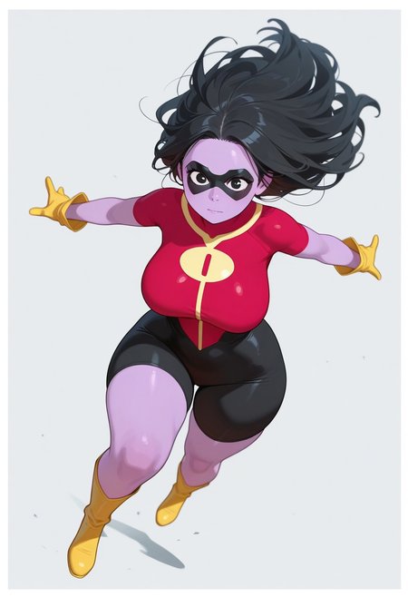 1girl, female focus, cute, rOliver_Grayson, Purple Skin, Colored Skin, Black Hair, long hair,Black Eyes, Domino Mask, Superhero Costume, Yellow Gloves, Yellow Boots, levitating, simple background, graphic border, cinematic, intricately detailed illustration, depth of field, masterpiece, best quality, amazing quality, very aesthetic, absurdres, newest, very awa, shadow, dynamic angle, casual cosplay, dynamic pose, action pose, thick thighs, wide hips, curvy, large breasts, saggy breasts,