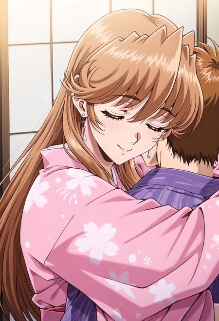 masterpiece, best quality, newest, highres, uncensored, 1girl, yokota mamoru style,motion lines,1girl,Sendou Nana,light Brown Hair, Long hair,Brown Eyes,Earrings,  1girl, solo,  closed eyes, brown hair, japanese clothes, 1boy, kimono, hug, smile, solo focus, pink kimono