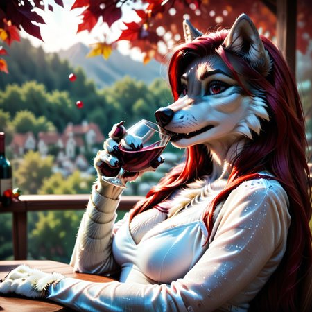 score_10, realistic style, detailed fur, anthro, furry, wolf, long hair, drinking wine, 1girl,