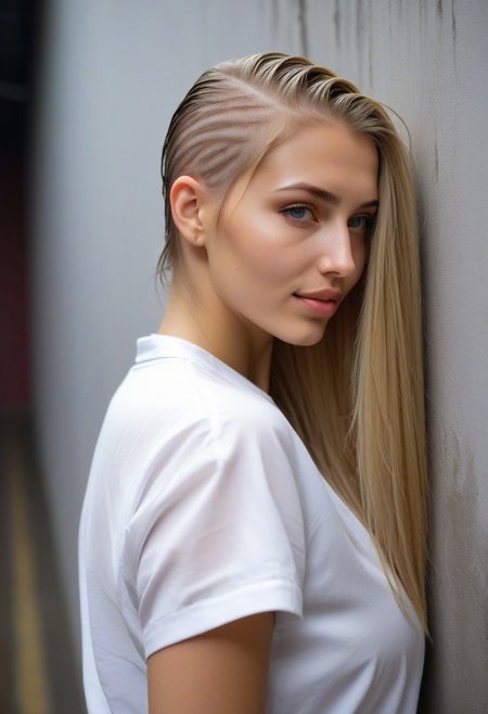 24yo busty Selene in white shirt posing in messy alleywall