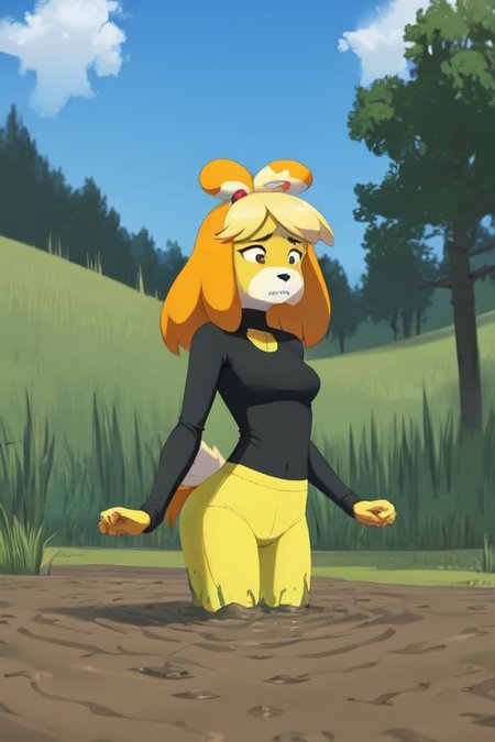 isabelle \(animal crossing\), (masterpiece, best quality:1.15), 1girl, solo, large breasts, high cheekbones, thick eyebrows, small mouth, looking to the side, leaning forward, adjusting clothes, tight leggings, green crop top shirt, starry nights, long hair, twin short braids, scared, partially submerged, struggling, farmland bog, quicksand, worried, sinking