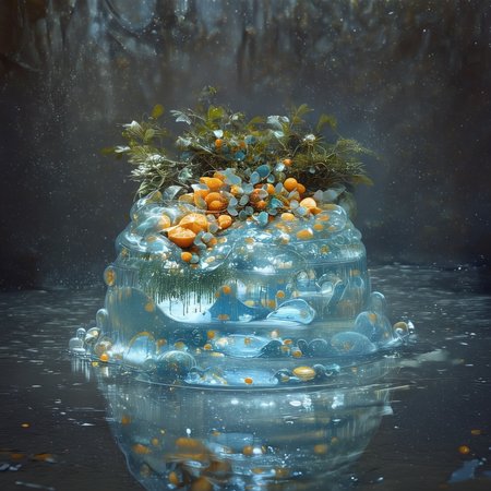 foodphoto, a bowl of fruit made out of slime, fruit in a bowl, fruit made of slime, fruit still life, bowl made of slime, table made of slime,
natural light, no bright spots, 
((translucent slime)), ((transparent slime)), made of water, (bioluminescent slime), sl1m3, slime, slime-morph, ais-blmn, saturated colors, no creatures, no humans, no monsters, no pokemon, scenery only, scenery, ral-lava, watce